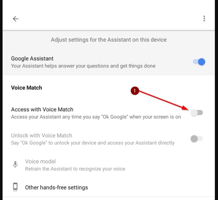 Menu Google Assistant Voice Match